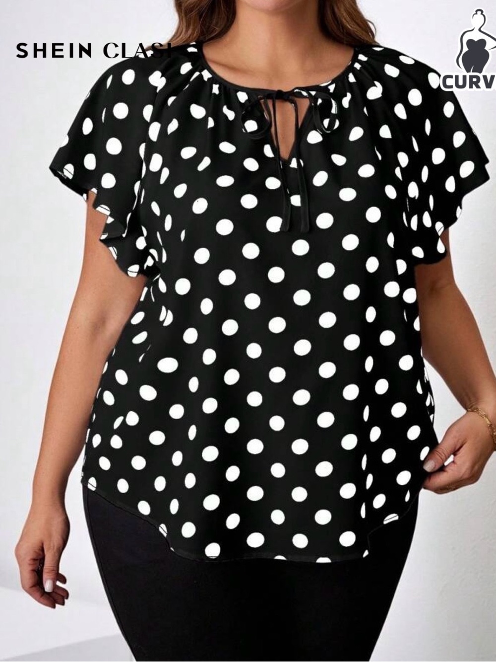 SHEIN Black & White Polka Dot Tie-Neck Blouse - Picture 3 of 3